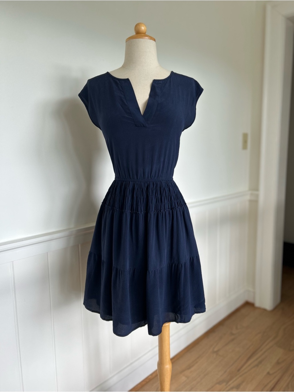 J. Crew Navy Tiered V-Neck Cap Sleeve Mini Dress
